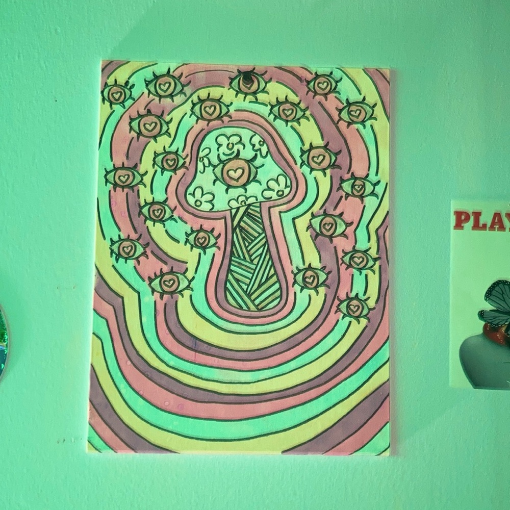mushroom painting - hand painted and drawn on canvas